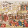 Ipatievskii monastyr' s soborom vo imia Zhivonachal'noi Troitsy. Iunyi Mikhail Fedorovich s mater'iu-inokineiu. Vse glavnye litsa posol'stva-arkhiepiskop Feodorit, boiarin Sheremet'ev, dukhovnye litsa s ikonami