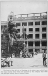 The heart of the old city of Santiago is the plaza, upon which faces the large modern hotel built and operated by the company that owns the principal railway lines of eastern Cuba.