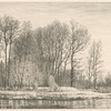 Landscape : water in foreground, bare trees beyond.