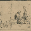 Two women, one with child, pig eating.