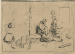 Two women, one with child, pig eating.