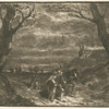 Man leading horse, trees on both sides.