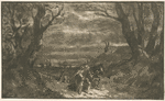 Man leading horse, trees on both sides.