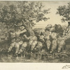 Flock of sheep at water's edge, shepherd and dog seated behind.