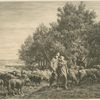 Shepherd and girl with flock of sheep.