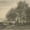 Shepherd and girl with flock of sheep.