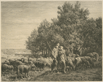 Shepherd and girl with flock of sheep.
