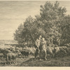 Shepherd and girl with flock of sheep.