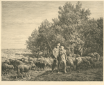 Shepherd and girl with flock of sheep.