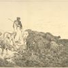 Shepherdess and dog with flock of sheep.