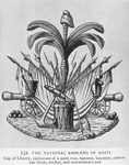 The National Emblems of Haiti; Cap of Liberty, caricature of a palm tree, banners, bayonets, cannon, war drum, anchor, and executioner's axe.