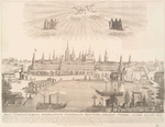 1850 g. Bol'shoi vid Solovetskago monastyria, vverkhu dva angela  derzhat ikonu Preobrazheniia, s bokov: pr.Eleazar', pr.Irinarkh, sv.Filipp Mitro., pr. Zosima, pr. Savvatii, pr. German.