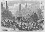 Scene in the principal square of Savannah, Georgia, on arrival of the news of the occupation of Tybee Island, mouth of the Savannah River by the national forces ; Indiscriminate flight of inhabitants to the interior