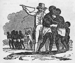 Two white men flog two sets of slaves.