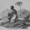 Female in chains kneeling on the ground in a plantation