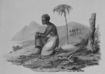 Female in chains kneeling on the ground in a plantation