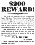 Runaway notice, "$200 reward!" signed W.D. Bowie