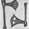 Bakuba axes of wrought iron, from the Kasai-Sankuru. These are carried before a chief as a sign of authority [Grenfell]. The Bakuba and Baluba are great iron-workers.