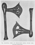 Bakuba axes of wrought iron, from the Kasai-Sankuru. These are carried before a chief as a sign of authority [Grenfell]. The Bakuba and Baluba are great iron-workers.