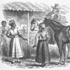 White man on horseback instructing two female slaves to hurry up.