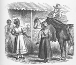 White man on horseback instructing two female slaves to hurry up.