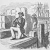 African-American man kneeling in prayer on pier.