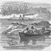 Three African-American men in a row boat looking at a steam ship.
