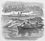 Three African-American men in a row boat looking at a steam ship.