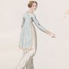 Dame de Pera. Woman in long white dress and shorter pale blue coat with gold trims, wearing pearls over one shoulder; shown in three-quarter back view. [80]