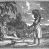 [An African woman, carrying a basket on her head, stops to talk with a white man].