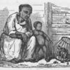 Aged woman sitting with small child who is looking at a caged chicken.]