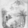 Shackled female slave offering child to a military figure, possibly a liberator, in the clouds, while a slave is being whipped on the ground below them.