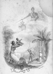 Shackled female slave offering child to a military figure, possibly a liberator, in the clouds, while a slave is being whipped on the ground below them.