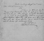 Davidson, F. L., Note from Davidson of Water Valley, offering his slave blacksmith for hire. Top reads "Water Valley August 23, 1861..."
