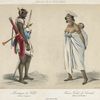 Peuples de la Sénégambie : Mandigue de Wolli costume de guerre ; Femme Foulah du Cantorah (Bords de la Gambie).