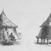 View of dwellings circular with cone roofs and one dwelling raised off the ground on poles]