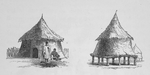 View of dwellings circular with cone roofs and one dwelling raised off the ground on poles
