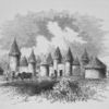 View of dwellings circular with cone roofs some about one story and others about two stories high