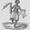 African woman dancing on one foot holding a long cloth.  Wearing a crown, necklace, and skirt