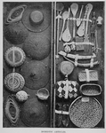 Domestic Articles.  Mats, Calabashes, Hats, Spoons, Ladles, Basket, Cap, Harp, Beads, Pin Cushion, Small Elephant Tusks, Tray, Shoes, Ivory Cup.