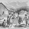 House occupied by Mr. Ellis in 1854.  Female slaves filling bamboos with water at the well.  Female slaves pounding rice