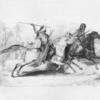 Two men riding on horseback trying to attack each other with spears