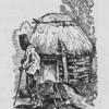 Man leaning on long handeled ax in front of a hut