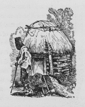 Man leaning on long handeled ax in front of a hut