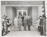 Library for the Blind, Dedication, Ribbon Cutting: (front row left-right) Raymond A. Harris, Librarian; Ralp A. Beals, Director, The New York Public Library; Honorable Frederick H. Zurmuhlen, Commissioner of Public Works; Mr. Morris Hadley, President, the New York Public Library. (rear row, at left) Peter B. Putnam, Author and Assistant Instructor, princeton University; (2nd from right) Mr. John M. Cory, Chief, Circulation Department, the New York Public Library