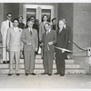 Dedication, Ribbon Cutting: (front row left-right) Raymond A. Harris, Librarian; Ralp A. Beals, Director, The New York Public Library; Honorable Frederick H. Zurmuhlen, Commissioner of Public Works; Mr. Morris Hadley, President, the New York Public Library. (rear row, at left) Peter B. Putnam, Author and Assistant Instructor, princeton University; (3rd from right) Mr. John M. Cory, Chief, Circulation Department, the New York Public Library