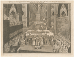 A perspective view of Westminster Abbey, from the high altar to the west end, shewing the manner of his Majesty's crowning.