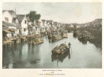 Canal and Barges in Tokyo, with Lines of Warehouses on Both Sides.