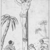 Jesus Christ on the cross with three men kneeling around him