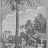 Male pointing to male on tree picking fruit.  Female with a baby on her back and holding a child with a bowl of fruit on her head